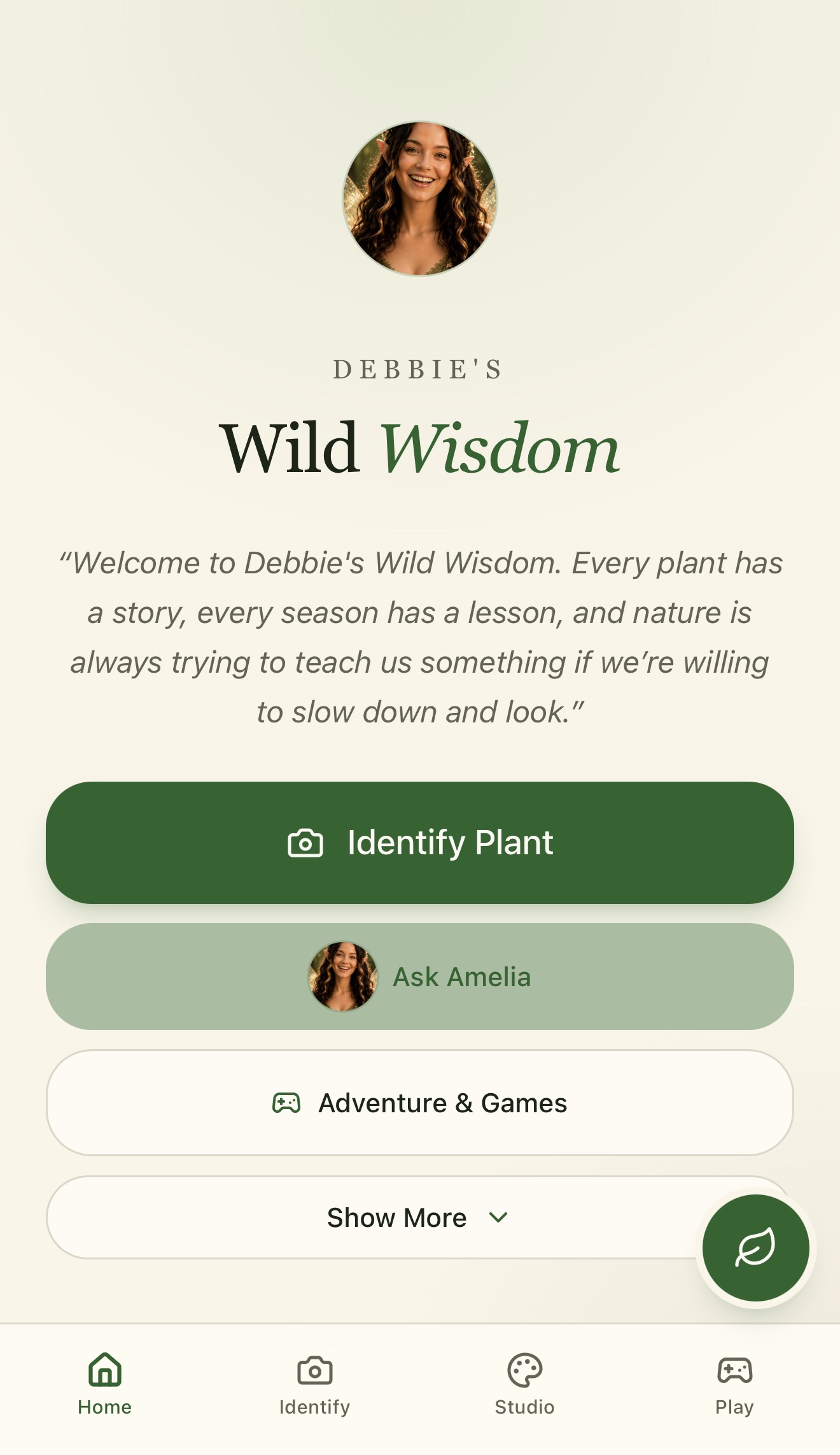 Debbie’s Wild Wisdom application homepage, showing plant identification, Ask Amelia and Adventure & Games.
