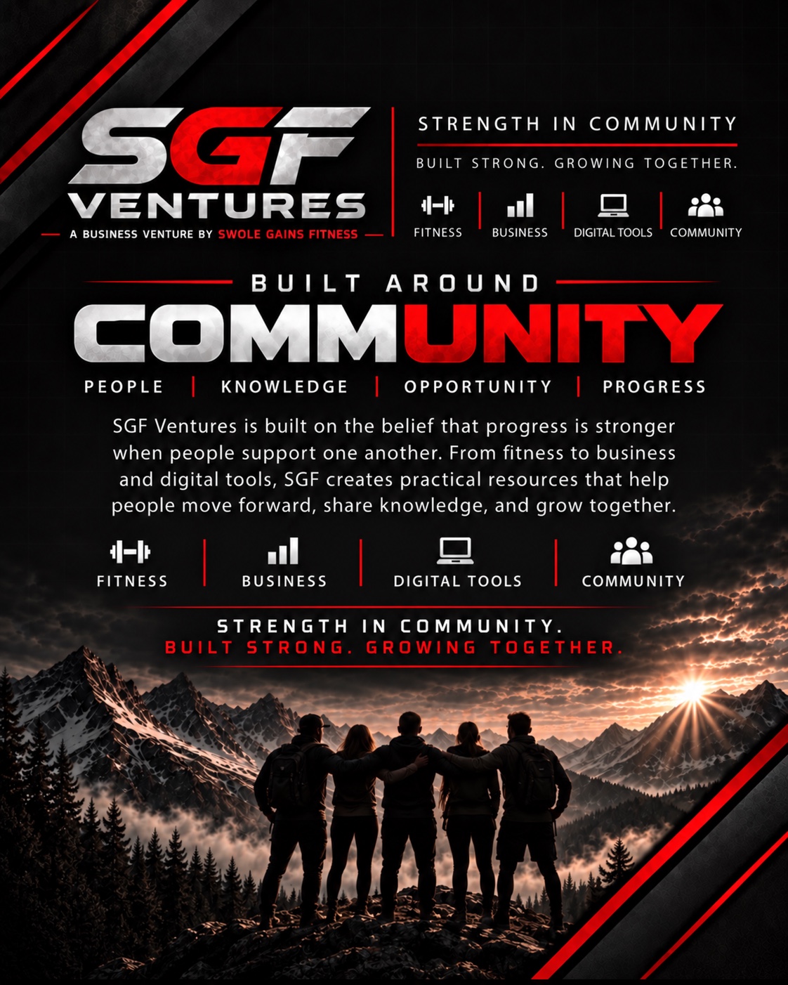 SGF Ventures Built Around Community graphic representing people, knowledge, opportunity and progress.