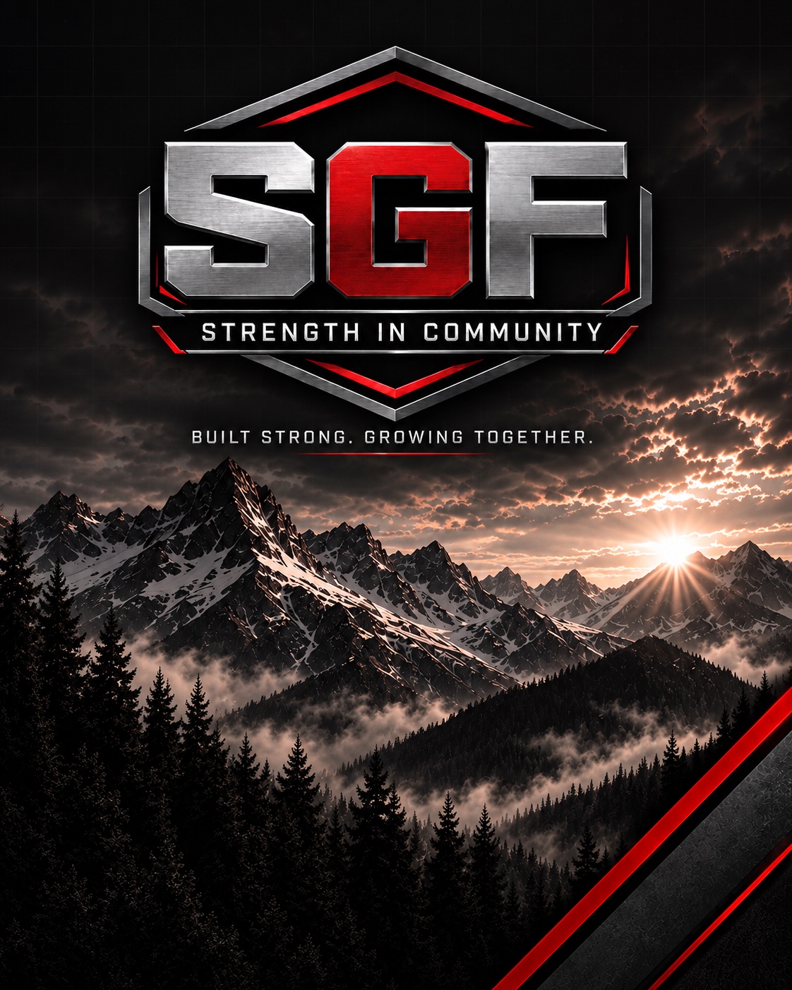 SGF Strength in Community logo above a mountain landscape, with the message Built Strong. Growing Together.