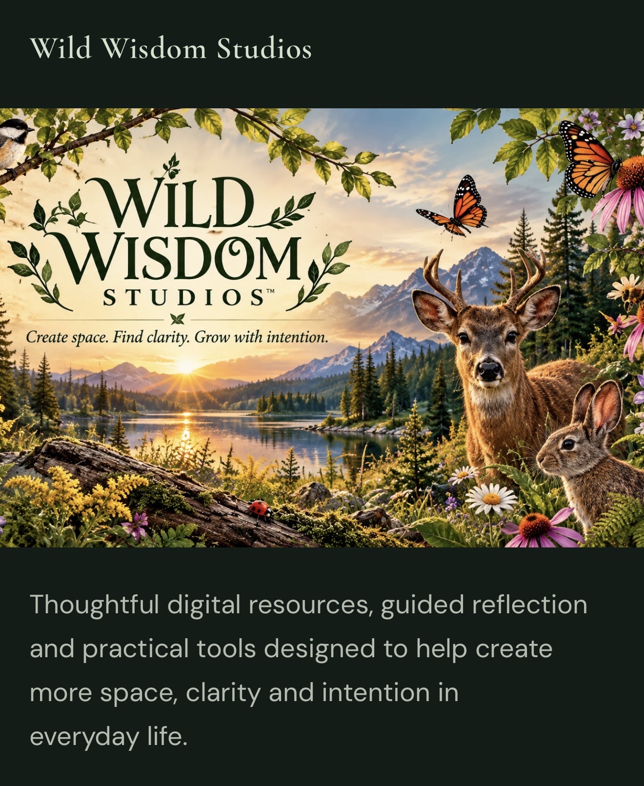 Wild Wisdom Studios branding with a mountain lake, sunset, forest, wildlife and butterflies.